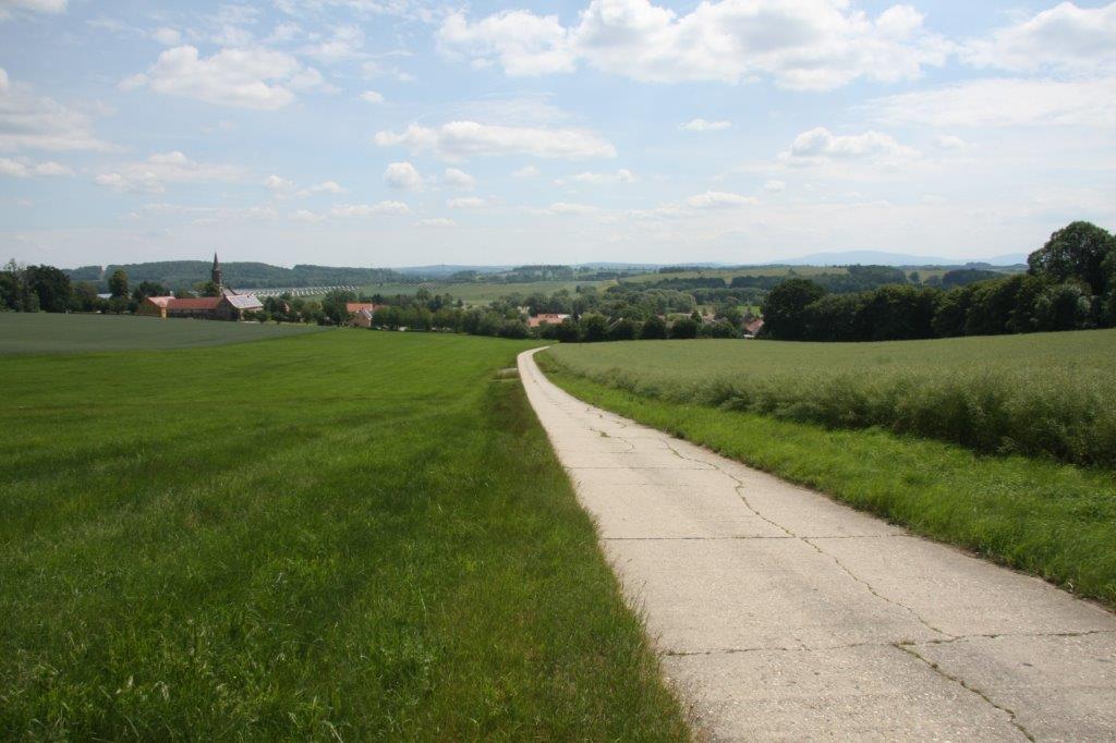 Weg durch ein Feld, im Hintergrund eine Ortschaft